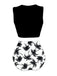 Black sleeveless top and white shorts with black palm tree pattern on a white background