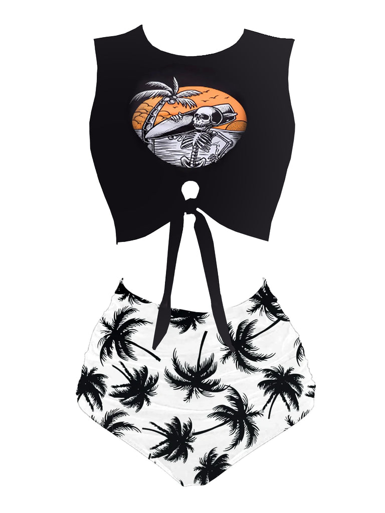 Black crop top with a graphic design and white high-waisted shorts with palm tree pattern on a white background