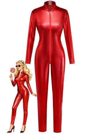 Red metallic jumpsuit with a model wearing it on a white background