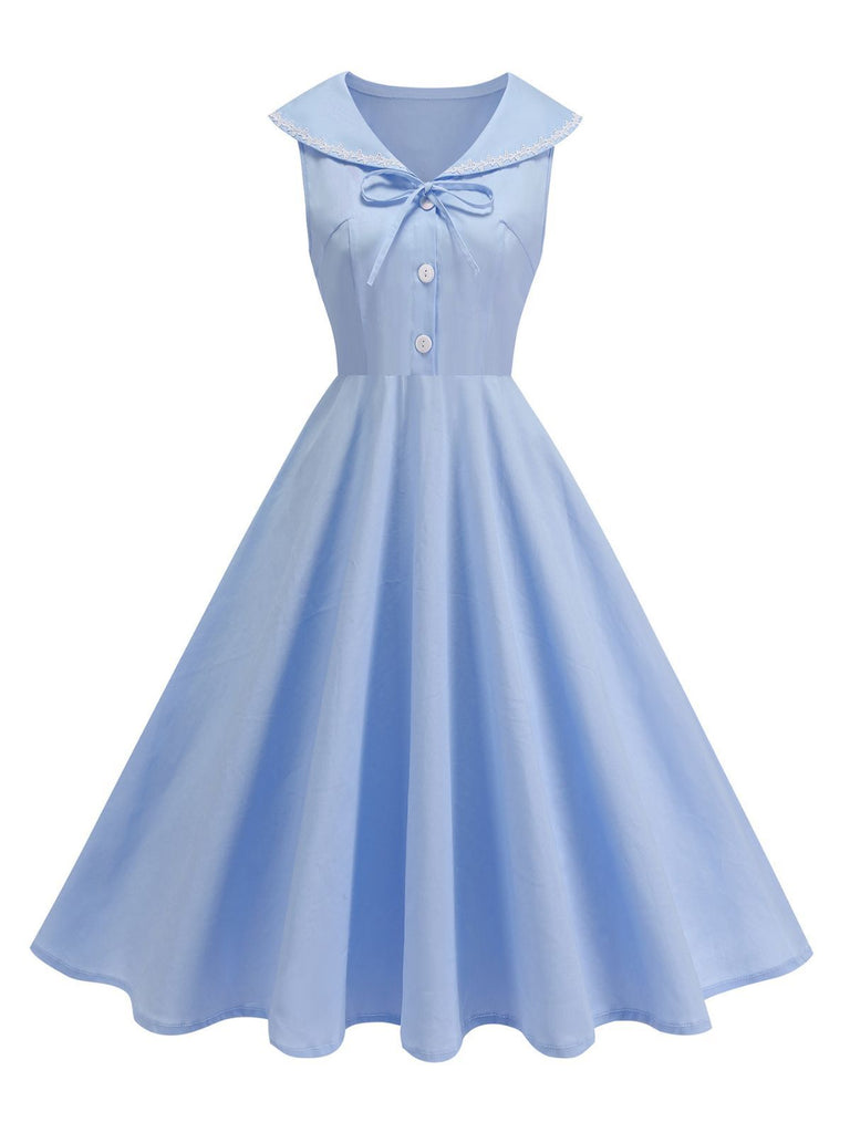 1950s Sailor Collar Bow-Tie Solid Sleeveless Dress