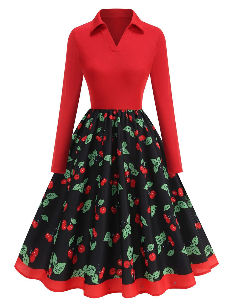 Red 1950s Cherry Print Long Sleeve Swing Dress