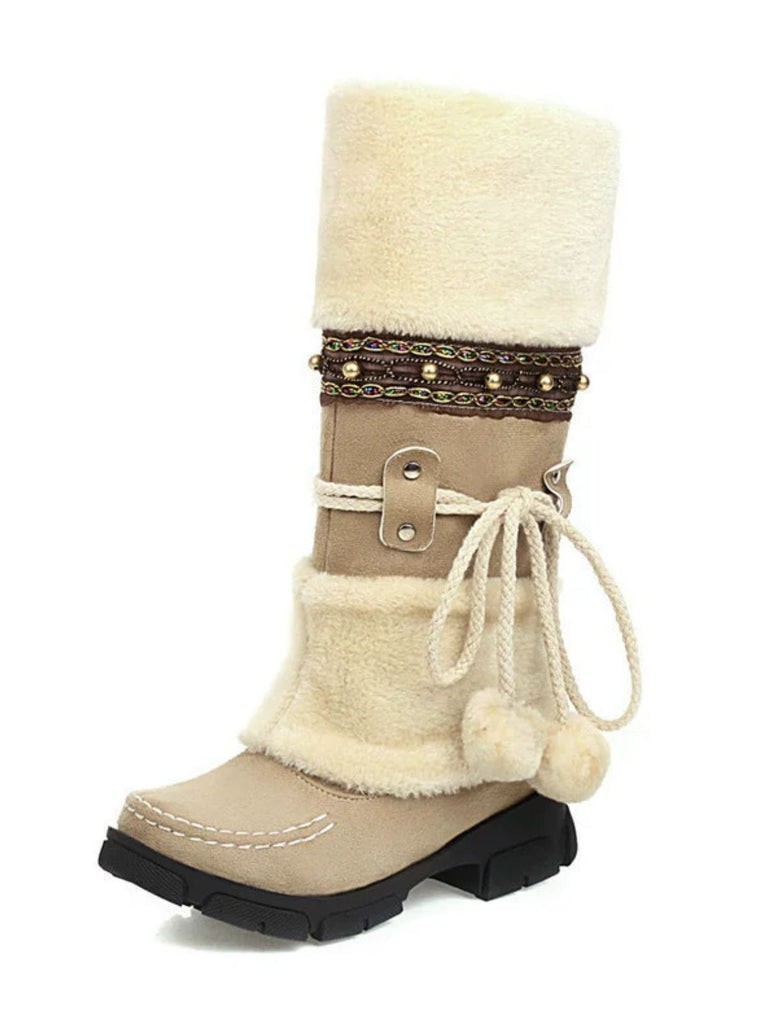 Vintage Faux Fur Pom-Pom Winter Snow Boots