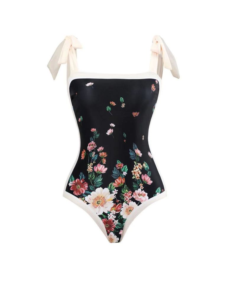 Black 1940s Strap Bow Floral Swimsuit & Cove-Up