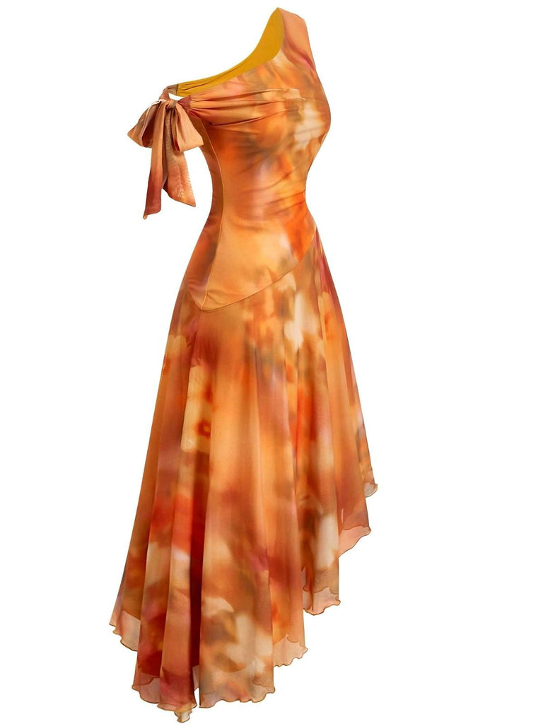 Orange 1970s One-Shoulder Mesh Asymmetrical Hem Dress