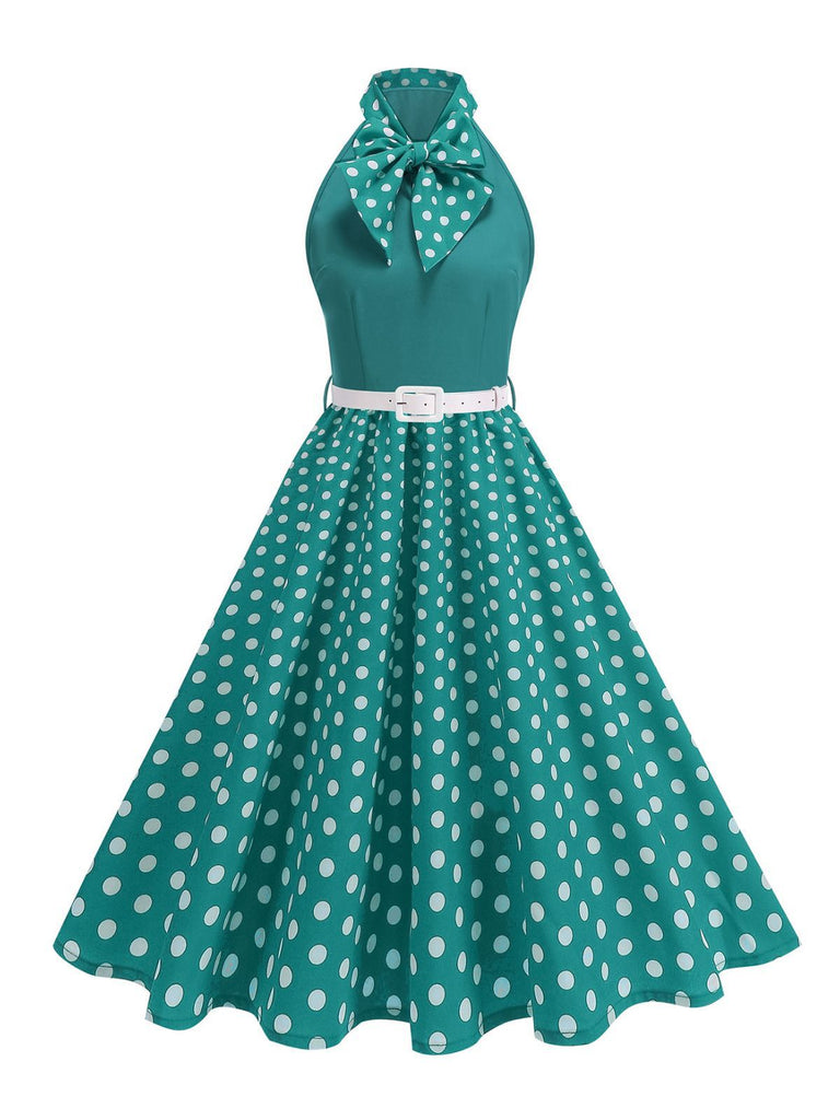 1950s Bow Tie Neck Polka Dot Belted Dress