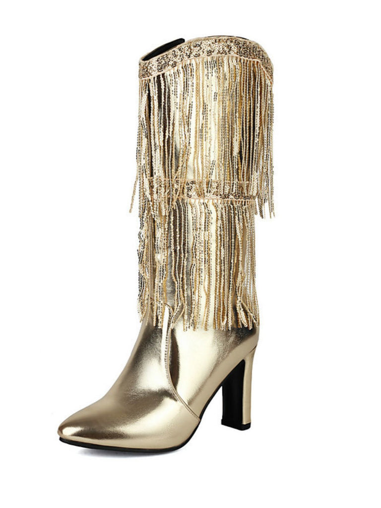 Metallic Pointed-toe Fringe Block-heel High Boots