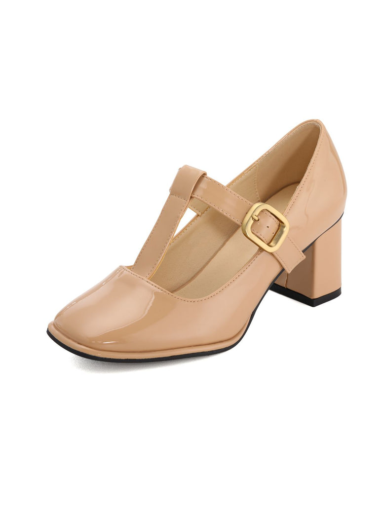 Beige Patent Leather Mary Jane Block Heel Shoes