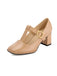 Beige Patent Leather Mary Jane Block Heel Shoes