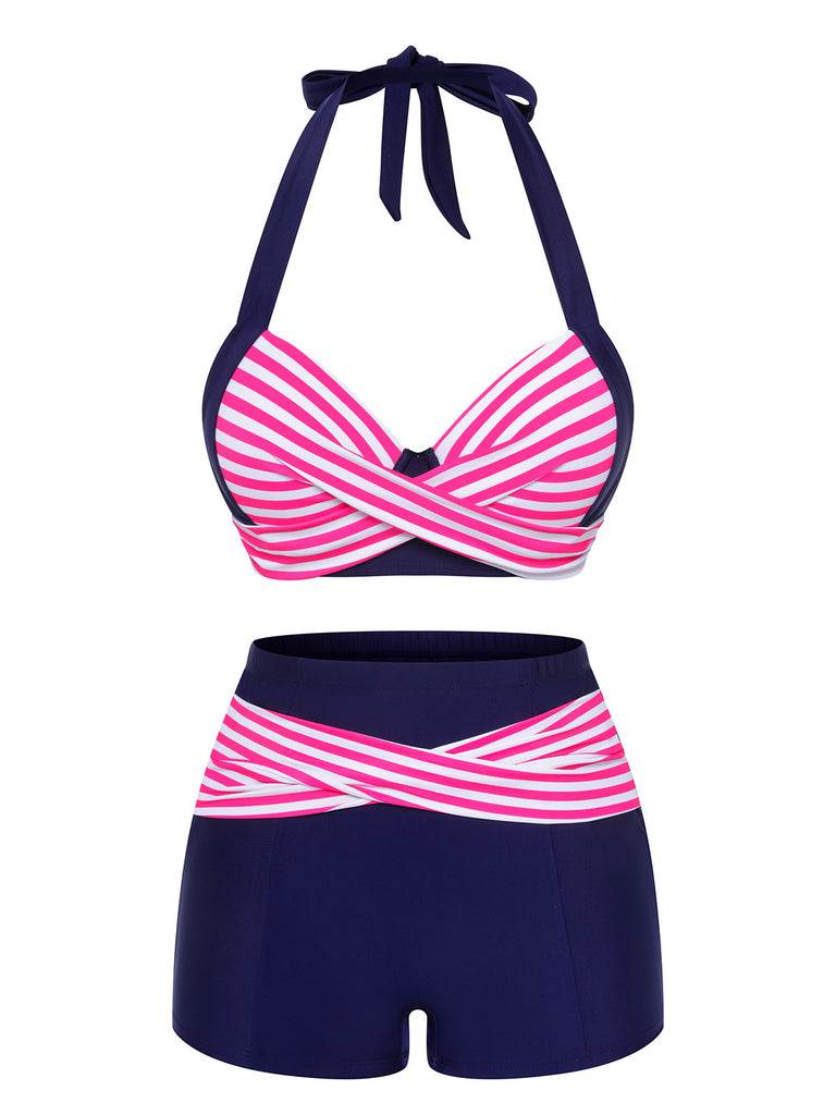 Pink & Blue 1950s Striped Halter Swimsuit