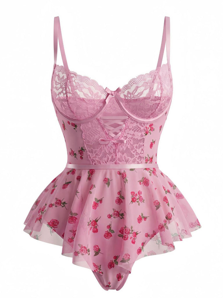 Pink 1930s Slip Roses Bow Lace Sleepwear