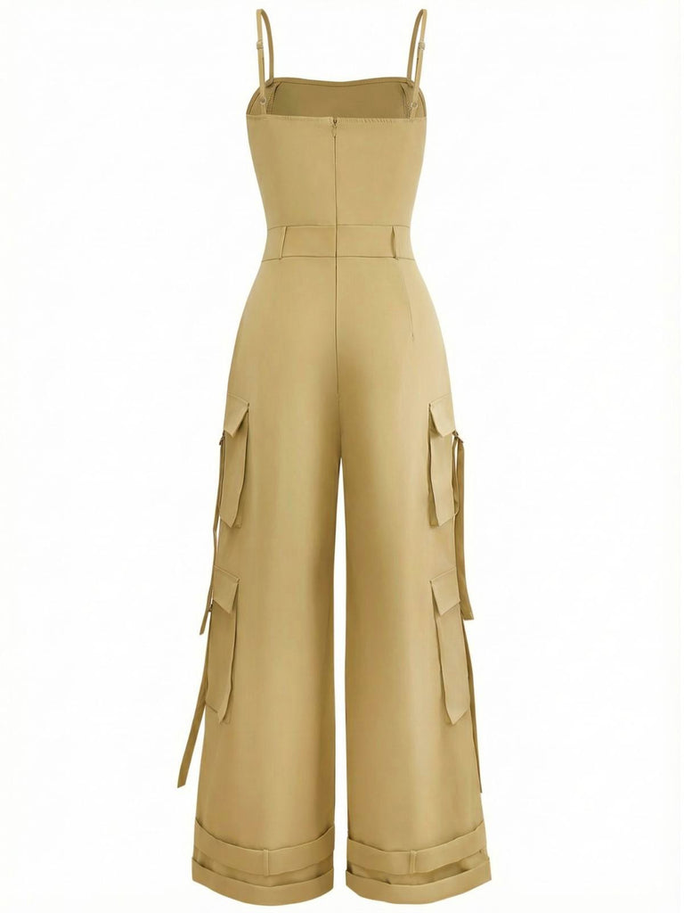 1970s Solid Spaghetti Strap Cargo Style Wide-Leg Jumpsuit