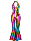 1970s Rainbow Colorblock Disco Halter Jumpsuit