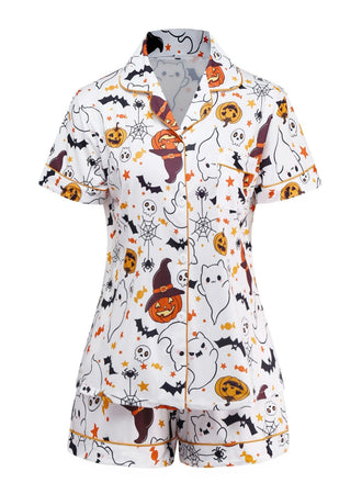 White 1950s Halloween Print Notched Collar Pajama Set