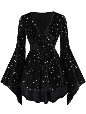 [Plus Size] Black 1960s Star V-Neck Velvet Dress