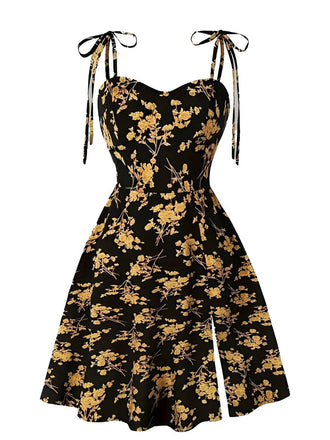 [Plus Size] Orange 1940s Ditsy Floral Spaghetti Strap Lace-Up Dress