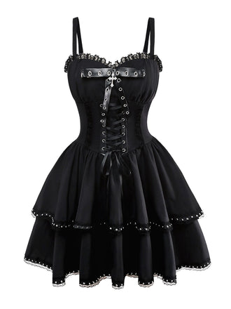 Black 1980s Gothic Layered Lace Slip Dress