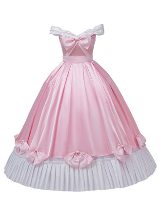 Pink 1950s Off-Shoulder Pleated Satin Bow Princess Dress