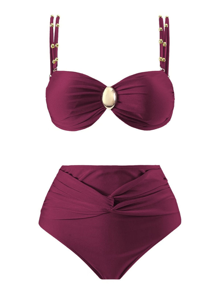 1950s Spaghetti Strap Jewel High-Waist Solid Bikini Set