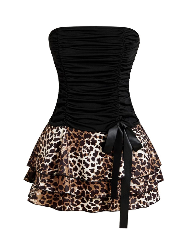 1980s Wrap Leopard Ruffle Tie Mini Dress