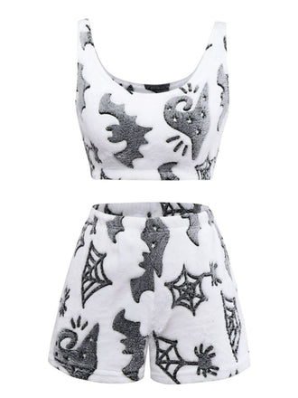 2PCS White 1970s Glowing Halloween Spider Flannel Pajama Set