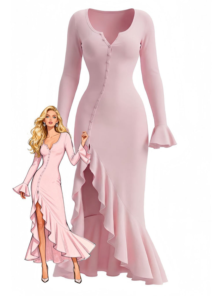 1930s Ruffled Button Side Slit Midi Dress