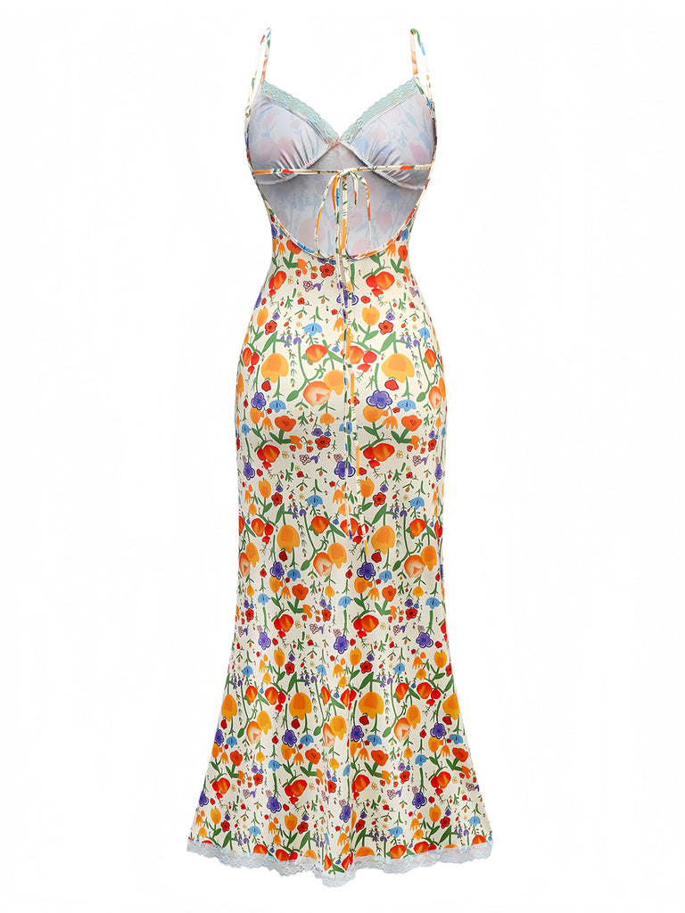1930s Spaghetti Strap Floral Lace Backless Dress