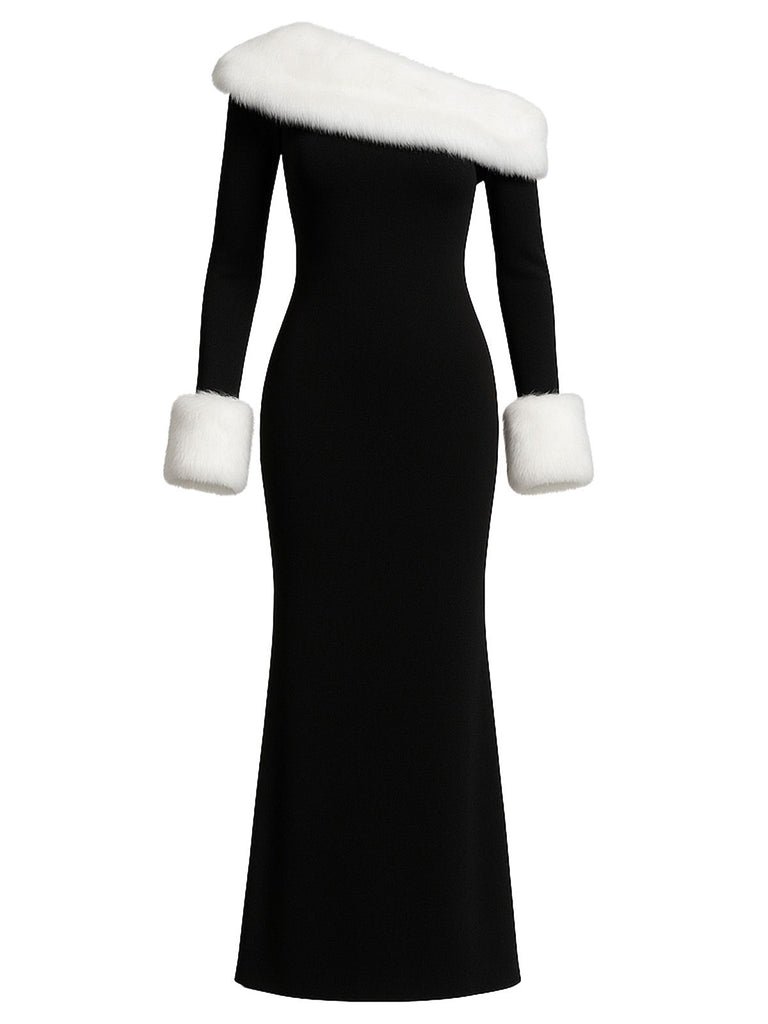 Black 1980s Off-Shoulder Fur Trim Dress