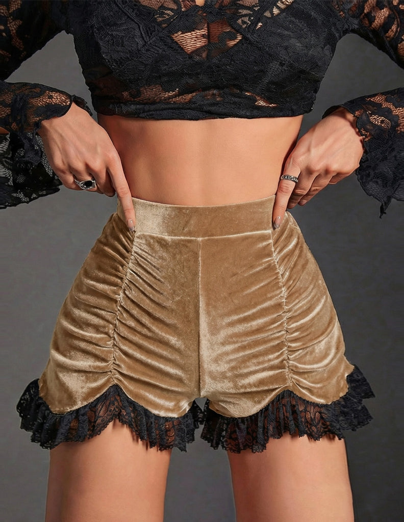 Black 1970s Solid Velvet Lace Pleated Shorts