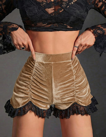 [Pre-Sale] Khaki 1970s Solid Velvet Lace Pleated Shorts