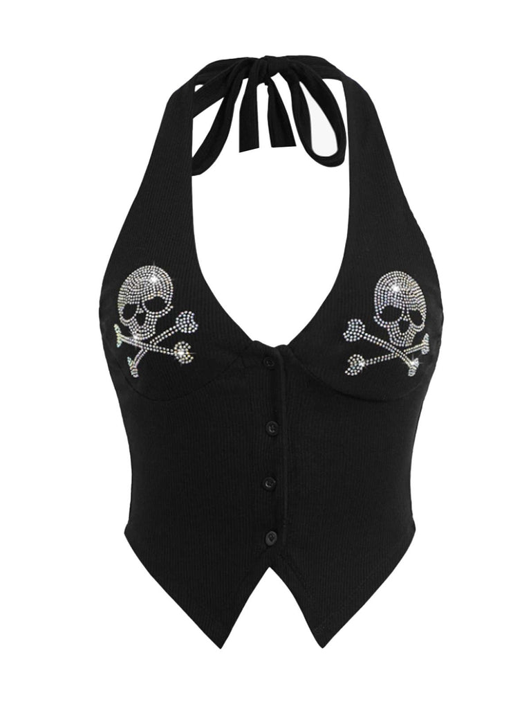 Black 1950s Punk Halter Rhinestone Skull Button Crop Top