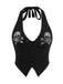Black 1950s Punk Halter Rhinestone Skull Button Crop Top