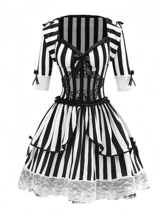 Black & White 1970s Lace Patchwork Stripe Dress