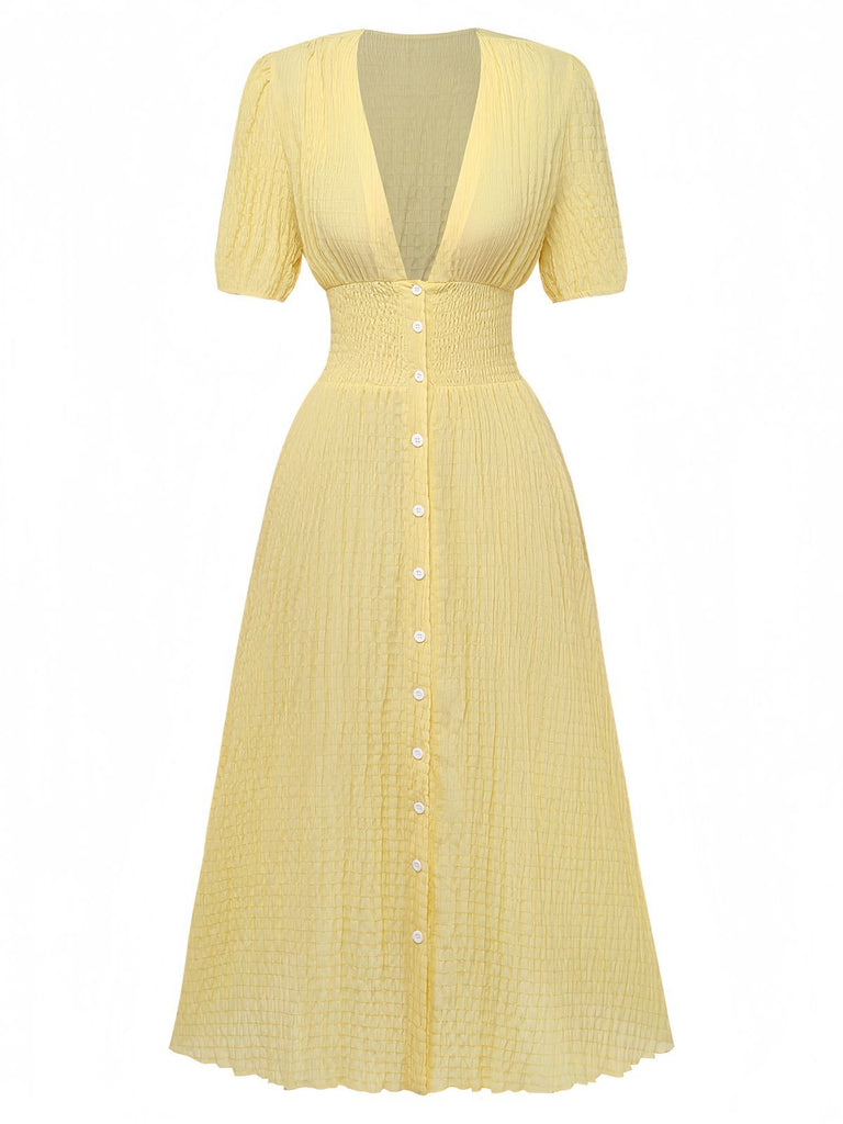 Yellow 1940s Puff Sleeve Button-Down Midi Dress