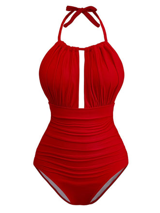 Red 1930s Ruched Halter Hollow One-Piece Swimsuit