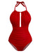 Red 1930s Ruched Halter Hollow One-Piece Swimsuit