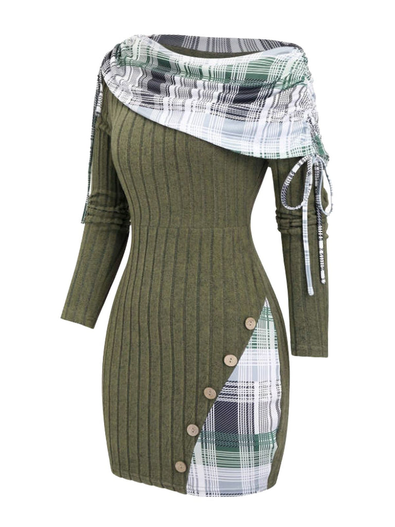 Olive Green 1960s Plaid Accent Button Detail Ribbed Dress
