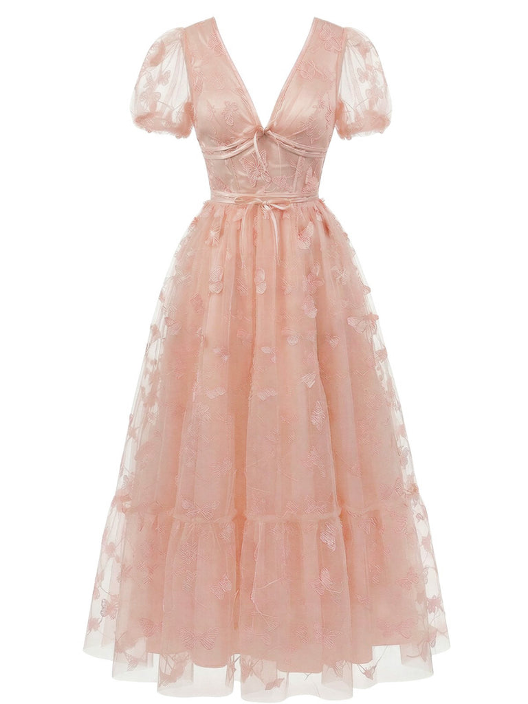 1930s Butterfly Floral Mesh Embroidered Maxi Dress