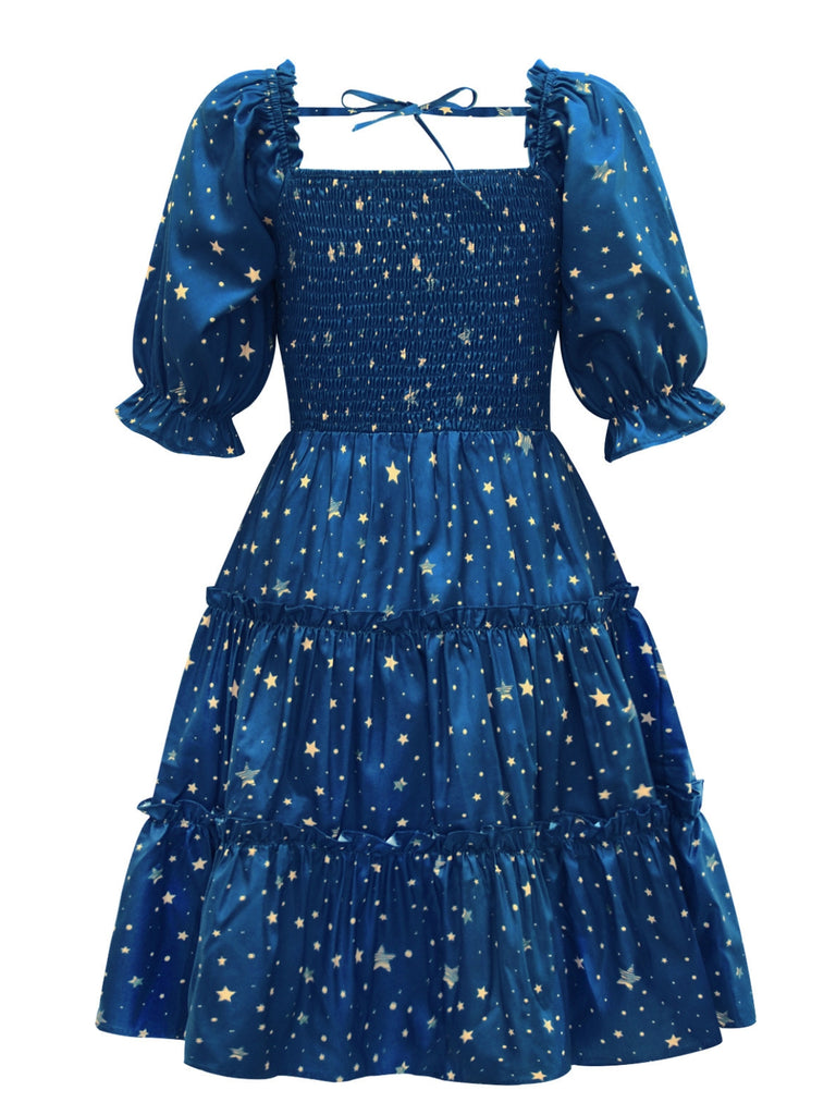 Blue 1950s Christmas Starry Sky Cake Lantern Parent-Child Dress