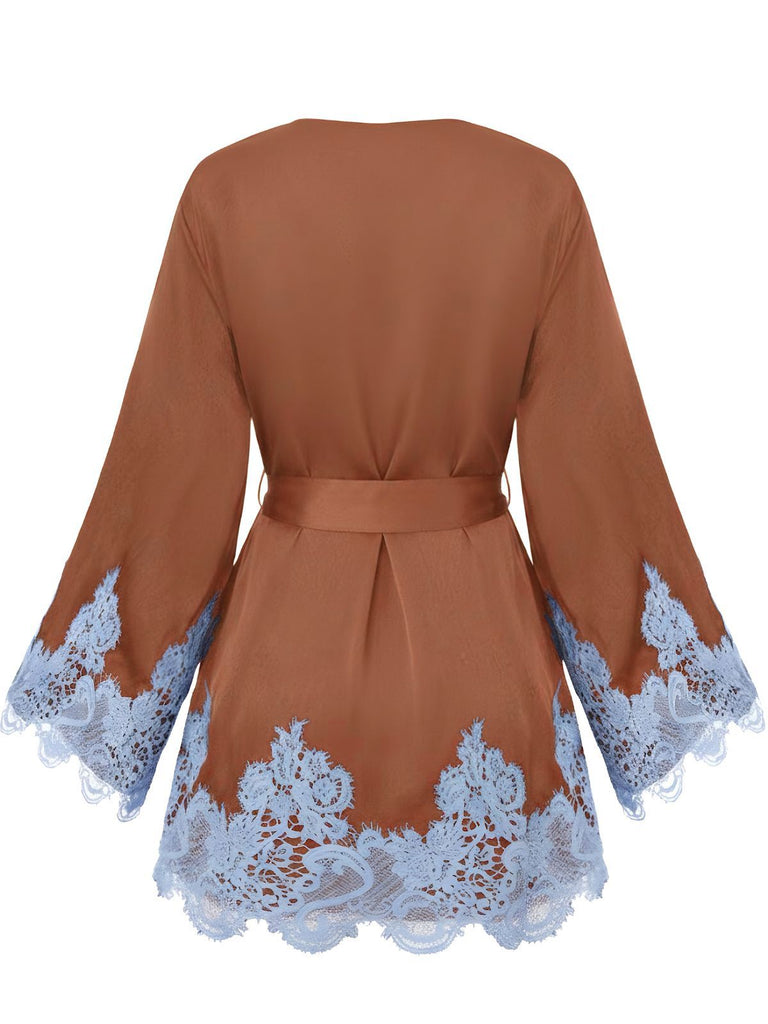 1960s Solid Satin Lace Trim Patchwork Tie Dress