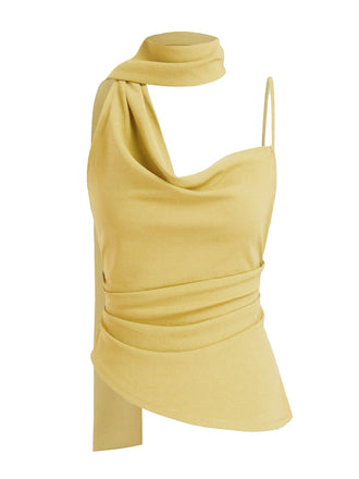 Yellow 1970s Scarf Neck Ruched Cowl Top