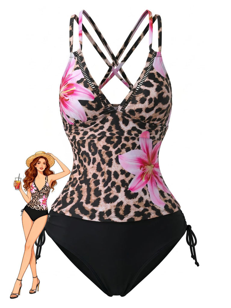 1950s V-Neck Floral Patchwork Tankini Set