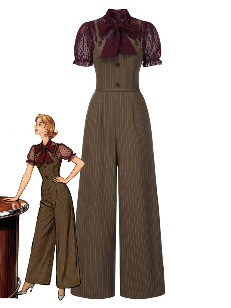[Pre-Sale] Red 1930s Mesh Patchwork Vertical Stripe Jumpsuit