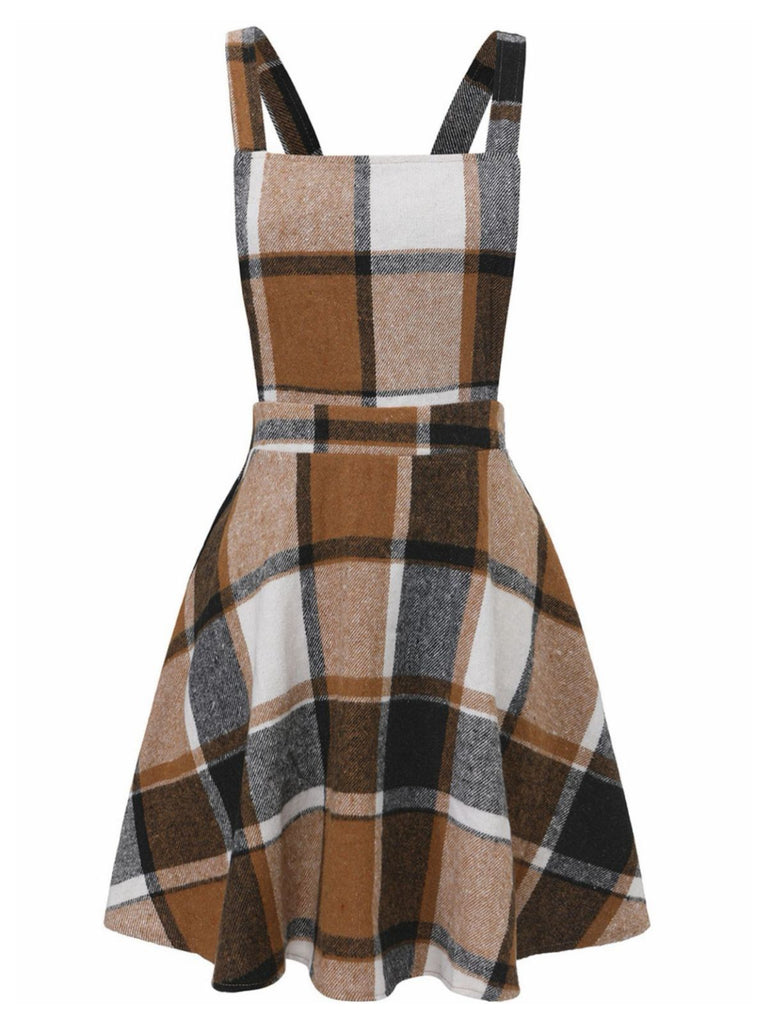 Khaki 1960s Square Neck Plaid Overall Dress