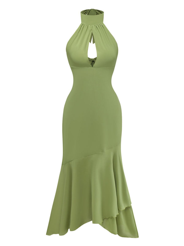 Green 1930s Halter Mesh Backless Chiffon Midi Dress