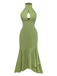 Green 1930s Halter Mesh Backless Chiffon Midi Dress
