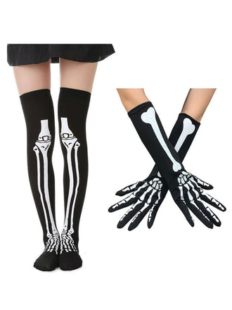 Halloween Skeleton Thigh High Socks & Gloves Set
