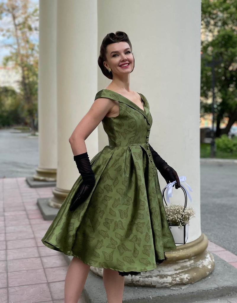 Green 1950s Off-Shoulder Vintage Dress