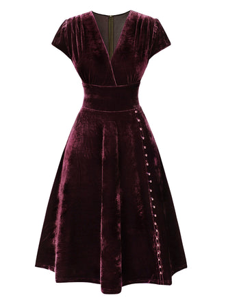 Red 1940s Deep V-Neck Pearl Velvet Dress