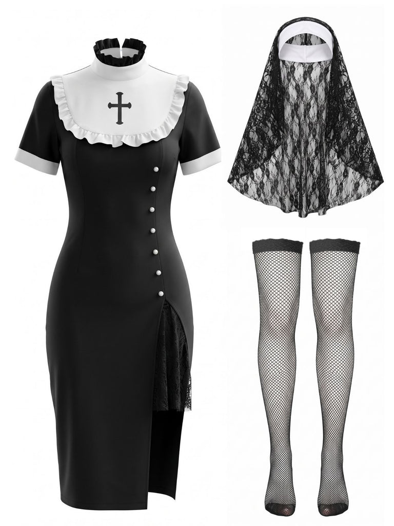 1980s Black Cross Patchwork Gothic Nun Dress & veil & stockings