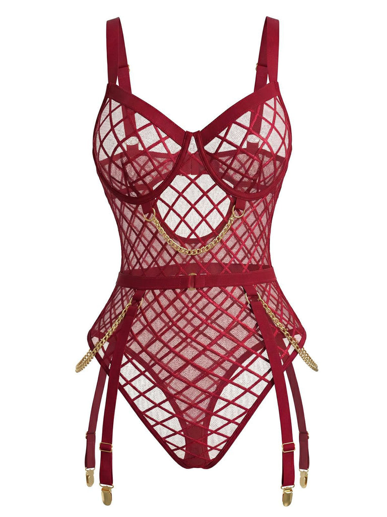 1970s Strappy Chain Accents Sheer Mesh Lingerie